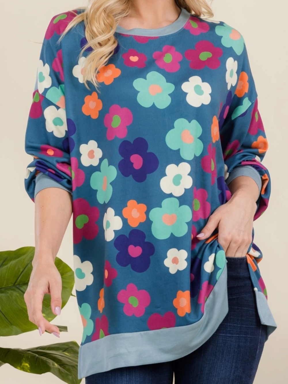Plus Size - Celeste Floral Print Drop Shoulder Long Sleeve Top